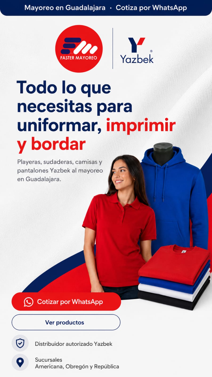 Faster Mayoreo · Distribuidor autorizado Yazbek. Todo lo que necesitas para uniformar, imprimir y bordar.