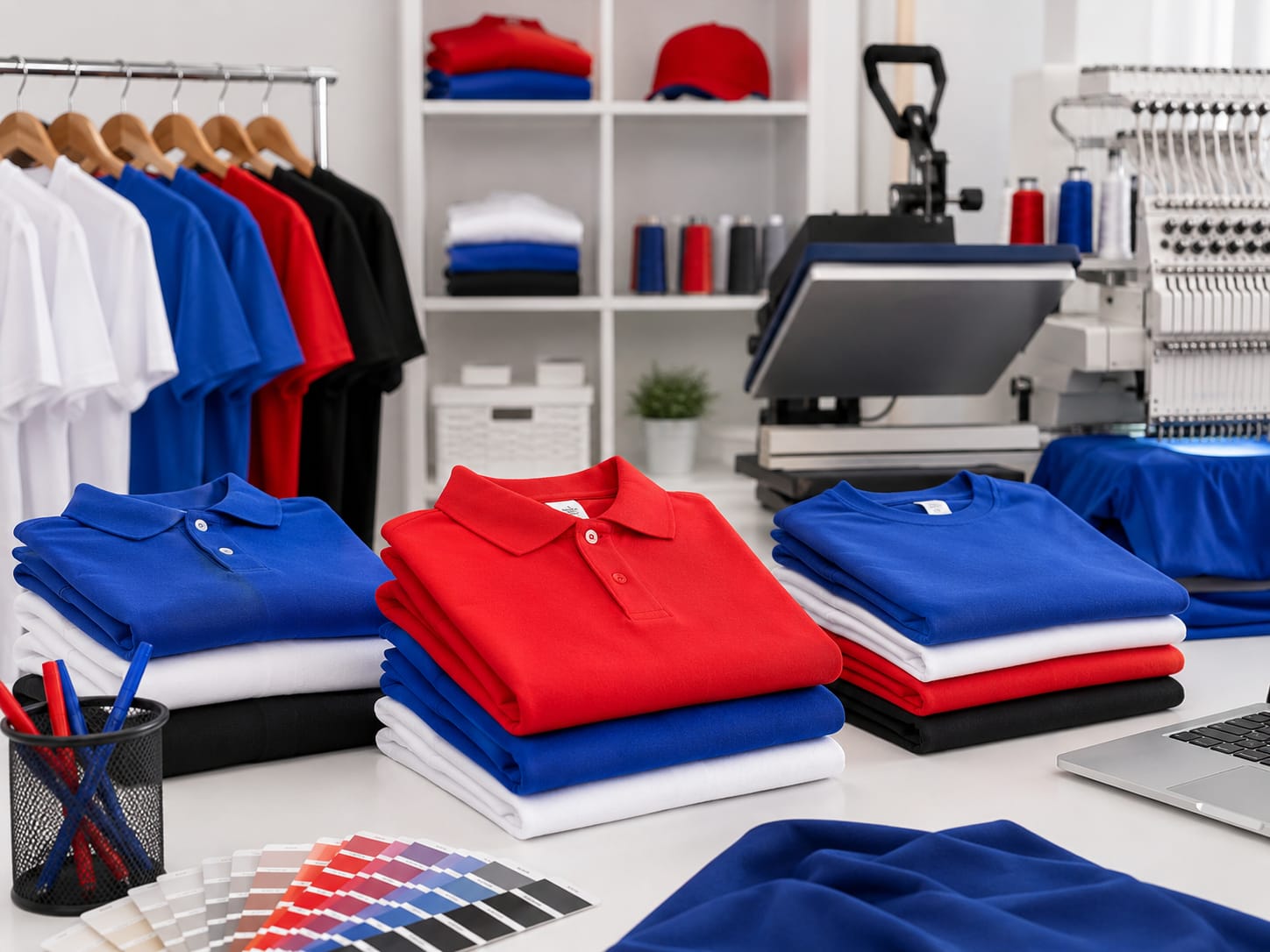 Taller de impresión y bordado con playeras y polos Yazbek, máquinas de bordado multicabezal y plancha térmica